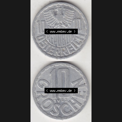 Münzen Österreich Umlaufmünze 1951-2001, 10 Groschen 1952 I., Münze aus Österreich mit Münzseiten Vertikal / Untereinander auf einen Bild für Mobile-Geräte... Sammlung