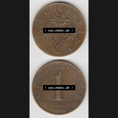 Münzen Österreich Umlaufmünze 1959-2001, 1 Schilling 1968, Münze aus Österreich mit Münzseiten Vertikal / Untereinander auf einen Bild für Mobile-Geräte... Sammlung