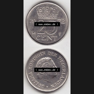 Münzen Niederlande Umlaufmünze 1950-1980, 25 Cent 1972, Münzseiten Vertikal / Untereinander für Mobile-Geräte als Bildmaterial Sammlung