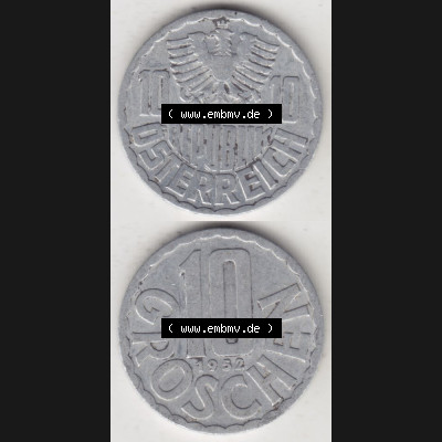 Münzen Österreich Umlaufmünze 1951-2001, 10 Groschen 1952 II., Münze aus Österreich mit Münzseiten Vertikal / Untereinander auf einen Bild für... Sammlung