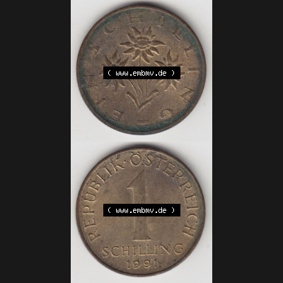 Münzen Österreich Umlaufmünze 1959-2001, 1 Schilling 1991 II., Münze aus Österreich mit Münzseiten Vertikal / Untereinander auf einen Bild für... Sammlung