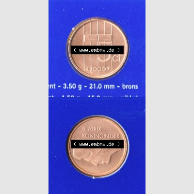 Münzen Niederlande Umlaufmünze 1982-2000, 5 Cent 2000, Münze aus Offiziellen Münzensatz der Niederlande Münzseiten Vertikal / Untereinander für Mobile-Geräte... Sammlung