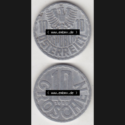 Münzen Österreich Umlaufmünze 1951-2001, 10 Groschen 1959, Münze aus Österreich mit Münzseiten Vertikal / Untereinander auf einen Bild für Mobile-Geräte... Sammlung