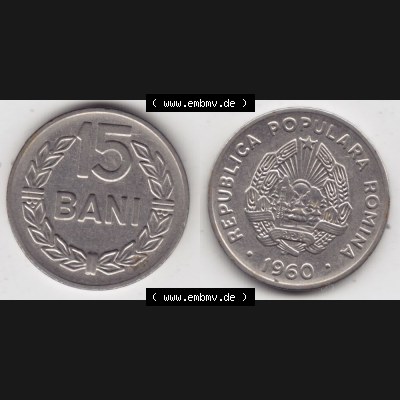 Münzen Rumänien Umlaufmünze 1960-1960, 15 Bani Kursmünze, Bild mit horizontaler Vollansicht als Bildmaterial Sammlung
