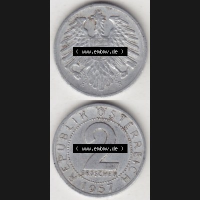 Münzen Österreich Umlaufmünze 1950-1994, 2 Groschen 1957, Münze aus Österreich mit Münzseiten Vertikal / Untereinander auf einen Bild für Mobile-Geräte... Sammlung