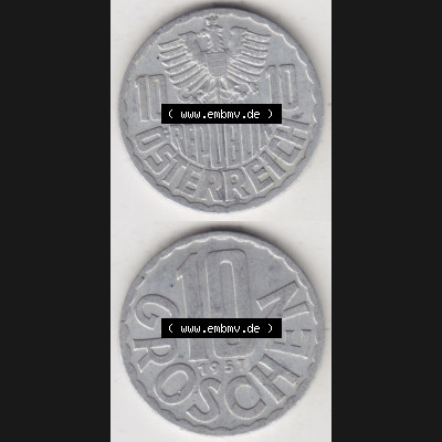 Münzen Österreich Umlaufmünze 1951-2001, 10 Groschen 1957, Münze aus Österreich mit Münzseiten Vertikal / Untereinander auf einen Bild für Mobile-Geräte... Sammlung