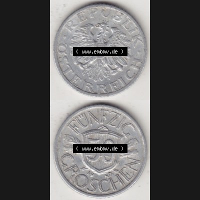 Münzen Österreich Umlaufmünze 1946-1955, 50 Groschen 1947 II., Münze aus Österreich mit Münzseiten Vertikal / Untereinander auf einen Bild für... Sammlung