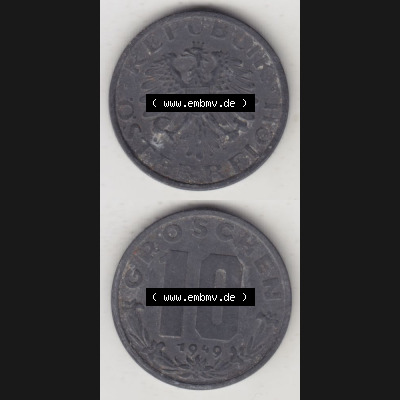 Münzen Österreich Umlaufmünze 1947-1949, 10 Groschen 1949 I., Münze aus Österreich mit Münzseiten Vertikal / Untereinander auf einen Bild für Mobile-Geräte... Sammlung