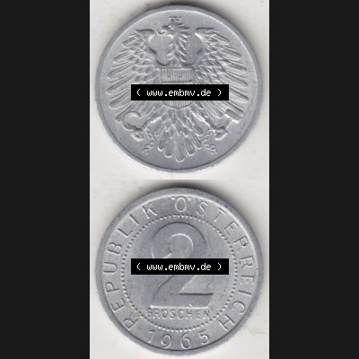 Münzen Österreich Umlaufmünze 1950-1994, 2 Groschen 1965, Münze aus Österreich mit Münzseiten Vertikal / Untereinander auf einen Bild für Mobile-Geräte... Sammlung