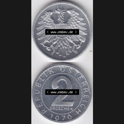 Münzen Österreich Umlaufmünze 1950-1994, 2 Groschen 1976, Münze aus Österreich mit Münzseiten Vertikal / Untereinander auf einen Bild für Mobile-Geräte... Sammlung