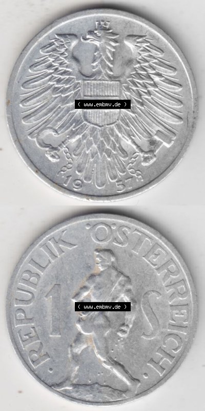 Münzen Österreich Umlaufmünze 1946-1957, 1 Schilling 1957, Münze aus Österreich mit Münzseiten Vertikal / Untereinander... Sammlung