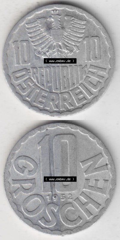 Münzen Österreich Umlaufmünze 1951-2001, 10 Groschen 1952 I., Münze aus Österreich -.-.- Sammlung