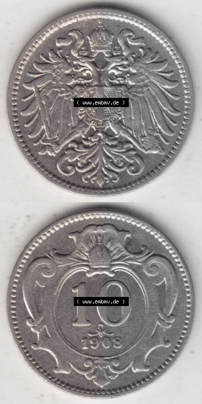 Münzen Österreich Umlaufmünze 1892-1911, 10 Heller 1908, Münze aus Österreich mit Münzseiten Vertikal / Untereinander auf... Sammlung