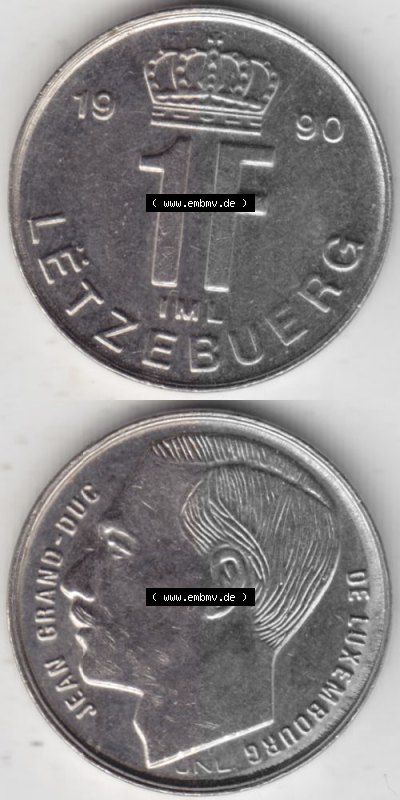 Münzen Luxemburg Umlaufmünze 1988-1995, 1 Franken - Francs 1990, Münzseiten Vertikal / Untereinander für Mobile-Geräte als... Sammlung