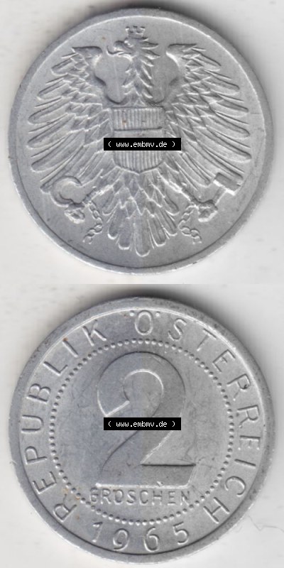 Münzen Österreich Umlaufmünze 1950-1994, 2 Groschen 1965, Münze aus Österreich -.-.- Sammlung