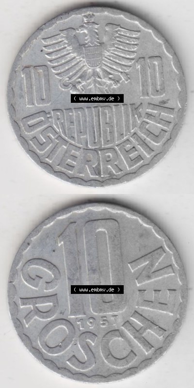 Münzen Österreich Umlaufmünze 1951-2001, 10 Groschen 1957, Münze aus Österreich -.-.- Sammlung
