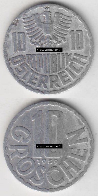 Münzen Österreich Umlaufmünze 1951-2001, 10 Groschen 1959, Münze aus Österreich -.-.- Sammlung