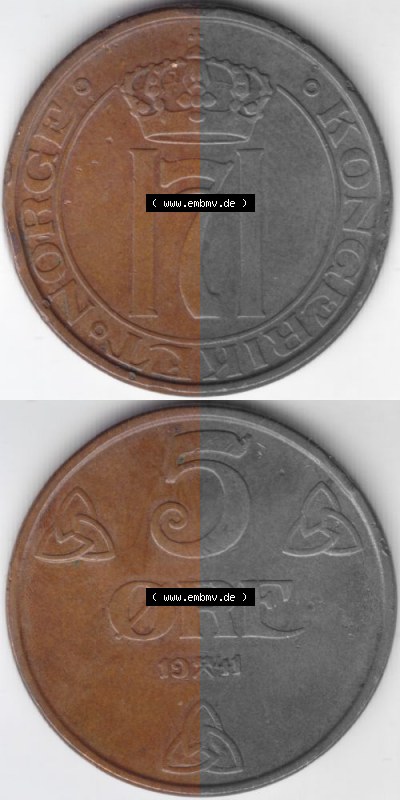 Münzen Norwegen Umlaufmünze 1908-1952, 5 Öre 1941, Münze aus Norwegen aus Umlauf / Zahlungsverkehr mit Münzseiten Vertikal... Sammlung