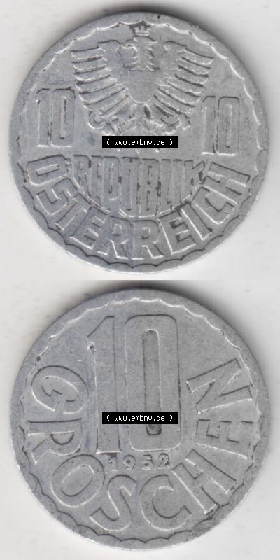 Münzen Österreich Umlaufmünze 1951-2001, 10 Groschen 1952 II., Münze aus Österreich -.-.- Sammlung