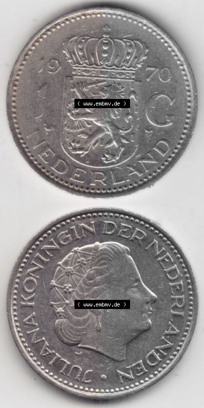 Münzen Niederlande Umlaufmünze 1967-1980, 1 Gulden 1970, Münzseiten Vertikal / Untereinander für Mobile-Geräte als Bildmaterial Sammlung