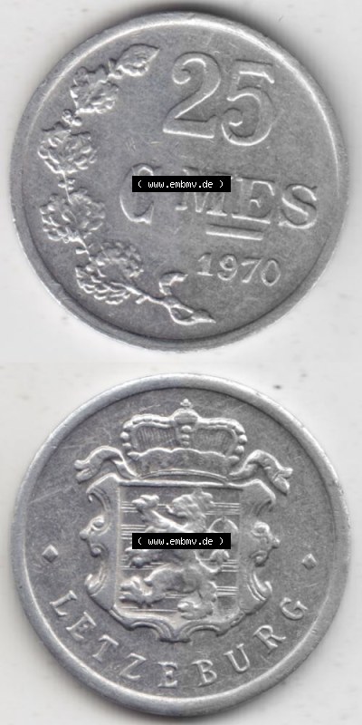 Münzen Luxemburg Umlaufmünze 1954-1972, 25 Centimes - C-MES 1970 I., Münzseiten Vertikal für Mobile-Geräte als Bildmaterial Sammlung