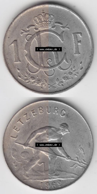 Münzen Luxemburg Umlaufmünze 1952-1964, 1 F, Franc, Franken 1962 I., Münzseiten Vertikal für Mobile-Geräte als Bildmaterial Sammlung