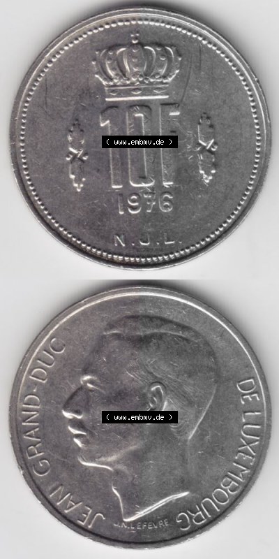 Münzen Luxemburg Umlaufmünze 1971-1980, 10 F, Francs, Franken 1976, Münzseiten Vertikal / Untereinander für Mobile-Geräte... Sammlung