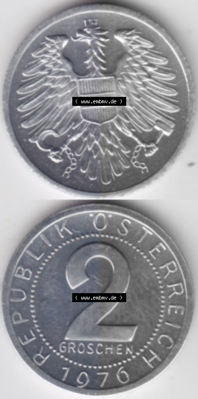 Münzen Österreich Umlaufmünze 1950-1994, 2 Groschen 1976, Münze aus Österreich -.-.- Sammlung