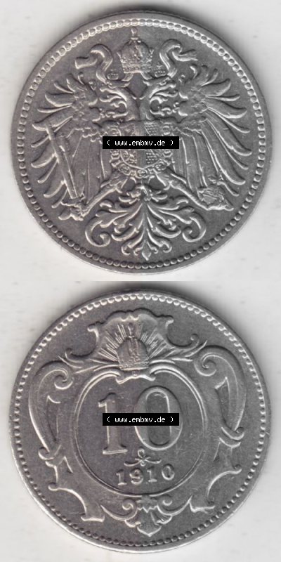 Münzen Österreich Umlaufmünze 1892-1911, 10 Heller 1910, Münze aus Österreich mit Münzseiten Vertikal / Untereinander auf... Sammlung