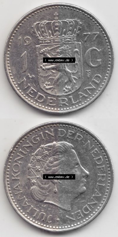 Münzen Niederlande Umlaufmünze 1967-1980, 1 Gulden 1977, Münzseiten Vertikal / Untereinander für Mobile-Geräte als Bildmaterial Sammlung