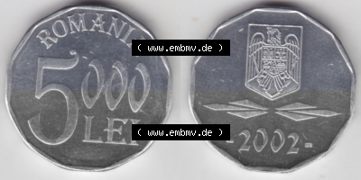 Münzen Rumänien Umlaufmünze 2001-2006, 5000 Lei 2002, Bild mit horizontaler Vollansicht als Bildmaterial Sammlung