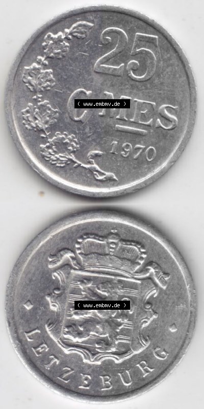 Münzen Luxemburg Umlaufmünze 1954-1972, 25 Centimes - C-MES 1970 II., Münzseiten Vertikal für Mobile-Geräte als Bildmaterial Sammlung