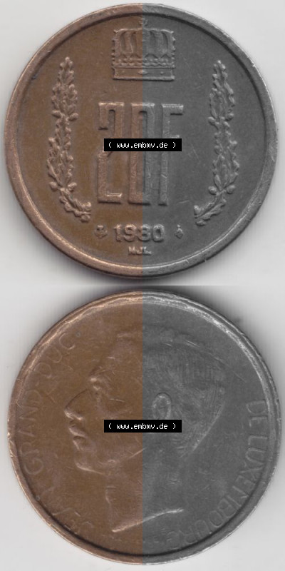 Münzen Luxemburg Umlaufmünze 1980-1983, 20 Francs Franken 1980, Münzseiten Vertikal / Untereinander für Mobile-Geräte als... Sammlung