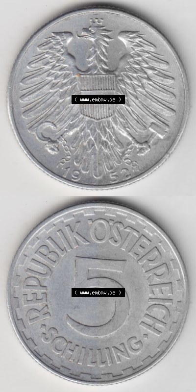 Münzen Österreich Umlaufmünze 1952-1957, 5 Schilling 1952 I., Münze aus Österreich -.-.- Sammlung