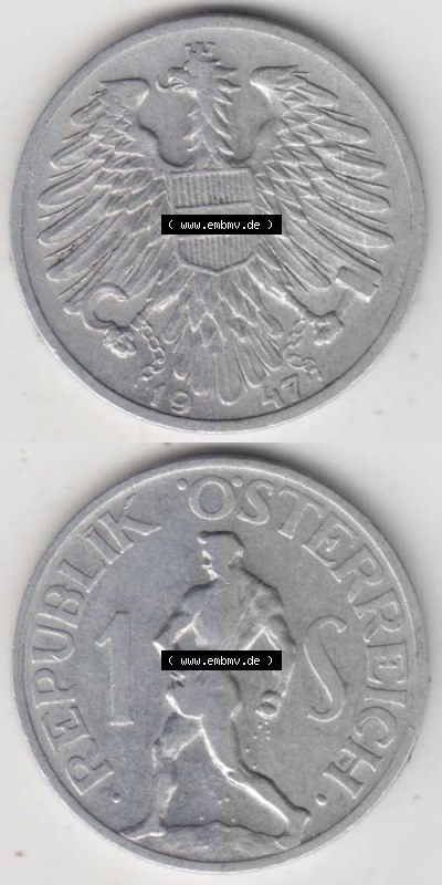 Münzen Österreich Umlaufmünze 1946-1957, 1 Schilling 1947 II., Münze aus Österreich mit Münzseiten Vertikal / Untereinander... Sammlung