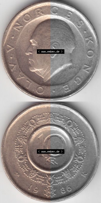 Münzen Norwegen Umlaufmünze 1983-1991, 10 Kronen 1986, Münze aus Norwegen aus Umlauf / Zahlungsverkehr mit Münzseiten Vertikal... Sammlung