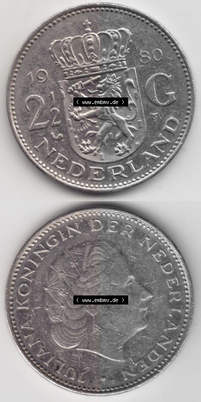 Münzen Niederlande Umlaufmünze 1969-1980, 2.50 Gulden 1980, Münzseiten Vertikal / Untereinander für Mobile-Geräte als Bildmaterial Sammlung