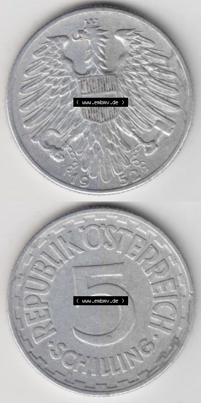 Münzen Österreich Umlaufmünze 1952-1957, 5 Schilling 1952 II., Münze aus Österreich -.-.- Sammlung
