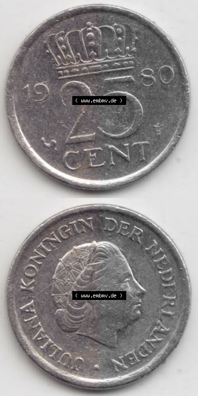 Münzen Niederlande Umlaufmünze 1950-1980, 25 Cent 1980, Münzseiten Vertikal / Untereinander für Mobile-Geräte als Bildmaterial Sammlung