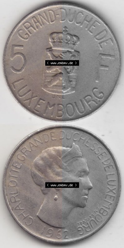 Münzen Luxemburg Umlaufmünze 1962-1962, 5 Franken - Francs 1962, Münzseiten Vertikal für Mobile-Geräte als Bildmaterial Sammlung