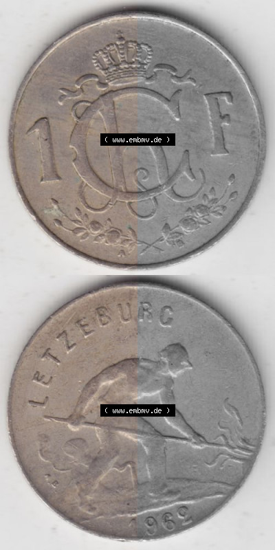 Münzen Luxemburg Umlaufmünze 1952-1964, 1 F, Franc, Franken 1962 II., Münzseiten Vertikal für Mobile-Geräte als Bildmaterial Sammlung