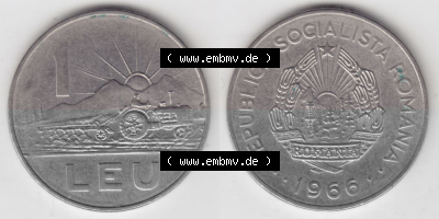 Münzen Rumänien Umlaufmünze 1966-1966, 1 Leu Kursmünze, Bild mit horizontaler Vollansicht als Bildmaterial Sammlung