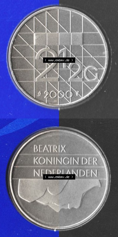 Münzen Niederlande Umlaufmünze 1982-2000, 2.50 Gulden 2000, Münze aus Offiziellen Münzensatz der Niederlande Münzseiten Vertikal... Sammlung