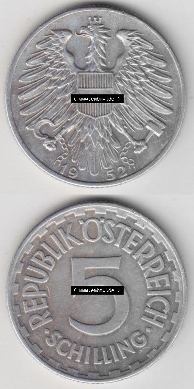 Münzen Österreich Umlaufmünze 1952-1957, 5 Schilling 1952 III., Münze aus Österreich -.-.- Sammlung