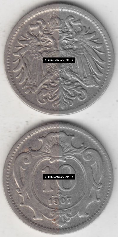 Münzen Österreich Umlaufmünze 1892-1911, 10 Heller 1907, Münze aus Österreich mit Münzseiten Vertikal / Untereinander auf... Sammlung