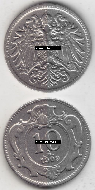 Münzen Österreich Umlaufmünze 1892-1911, 10 Heller 1909, Münze aus Österreich mit Münzseiten Vertikal / Untereinander auf... Sammlung