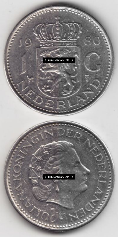 Münzen Niederlande Umlaufmünze 1967-1980, 1 Gulden 1980, Münzseiten Vertikal / Untereinander für Mobile-Geräte als Bildmaterial Sammlung