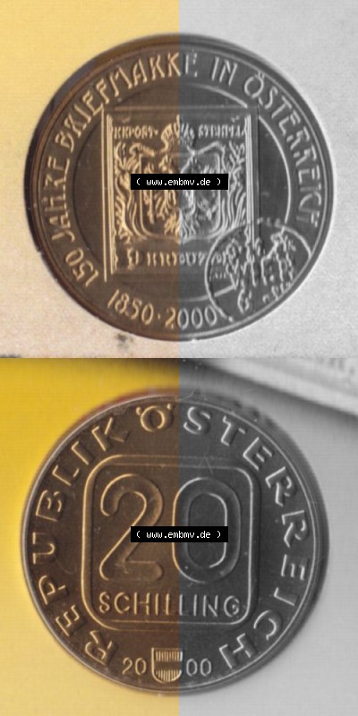 Münzen Österreich Umlaufmünze 2000-2000, 20 Schilling 150 Jahre Briefmarken, Münze aus Österreich -.-.- Sammlung