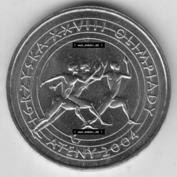 Grau bzw. s/w Münzen Polen Gedenkmünze 2004-2004, 2 Zloty, XXVIII. Olympische Sommerspiele in Athen 2004. Polnische Münze mit Nennwert von 2 Zloty, 2 Zloty sind in Euro... Sammlung Graustufen