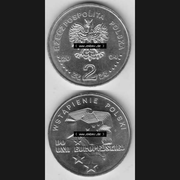 Grau bzw. s/w Münzen Polen Gedenkmünze 2004-2004, 2 Zloty, Wstapienie Polski, Do Unii Europejskiej. Wertseite + Motivseite Untereinander als Vollansicht auf einen Digitalen Bild... Sammlung Graustufen